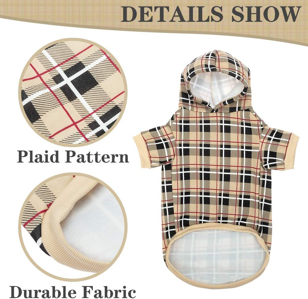 Plaid Dog Hoodie - British Style Soft and Warm Dog Sweater with Leash Hole, Hooded Cold Weather Clothes, Dog Sweatshirt, Outfits, Winter Coat for Small Medium Large Dogs