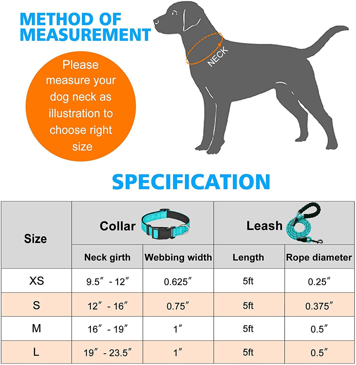 Reflective Dog Collar Padded with Soft Neoprene Breathable Adjustable Nylon Dog Collars for Small Medium Large Dogs (Medium (Pack of 1), Blue Collar+Leash)