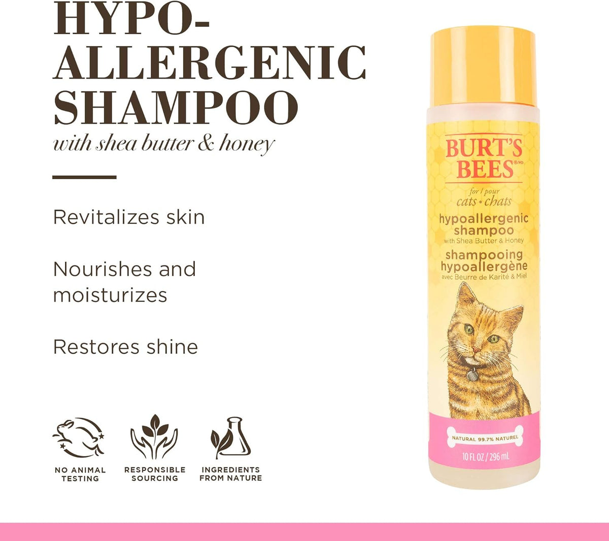 Hypoallergenic Shampoo for Cats with Shea Butter and Honey, 99.7% Natural Origin Formulas, Pet Shampoo for Cats, Gentle Cat Shampoo, Cat Shampoo for Itchy Skin, 10 Oz