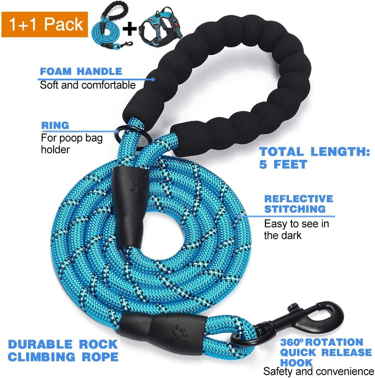 No Pull Dog Harness Adjustable Reflective Oxford Easy Control Medium Large Dog Harness with a Free Heavy Duty 5Ft Dog Leash (L (Neck: 18"-25.5", Chest: 24.5"-33"), Blue Harness+Leash)