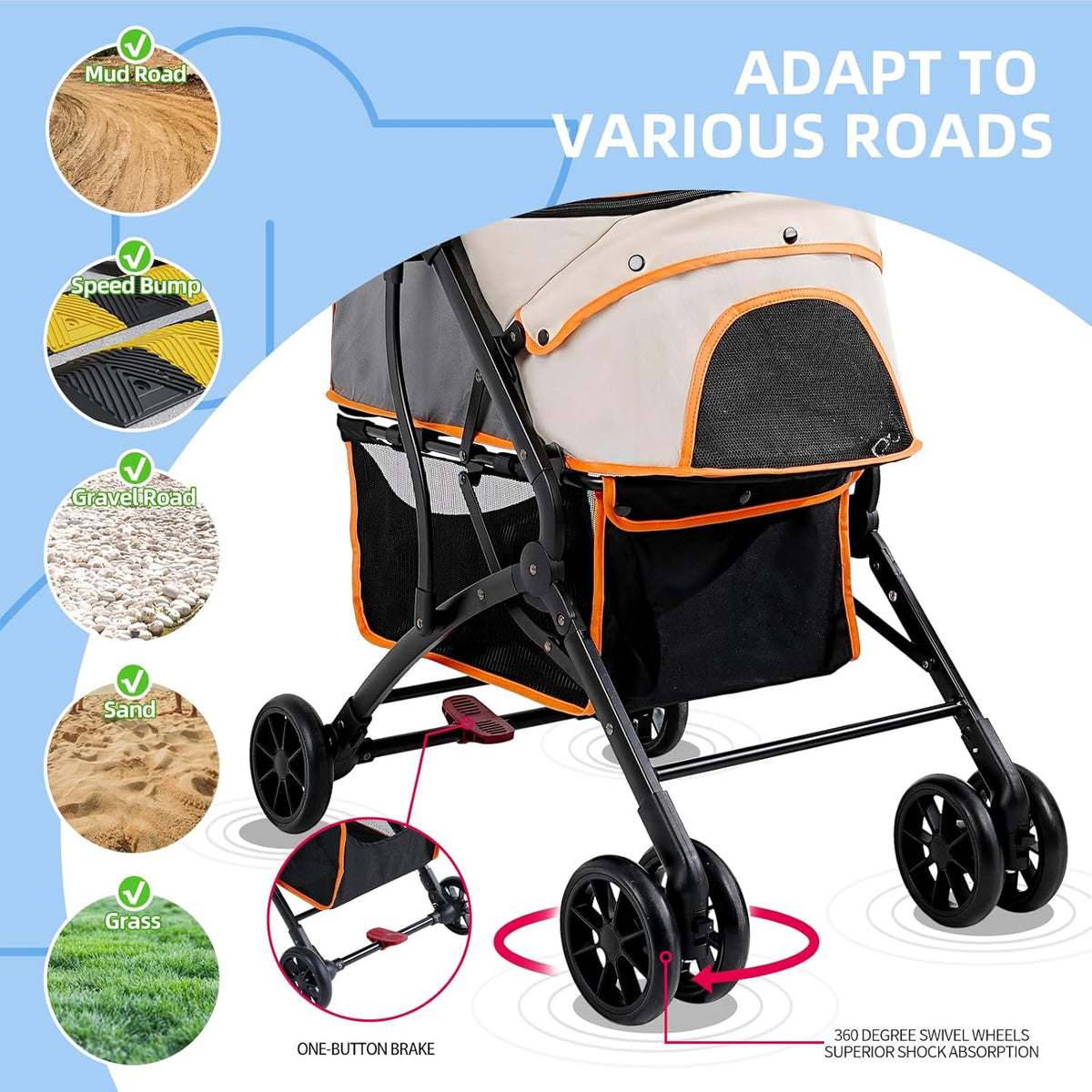 4 Wheels Dogs Cats Stroller for Small Medium Dogs Cats Pets up to 35 Lbs，Foldable Dog Cat Stroller Jogger Travel Stroller with Storage Basket and Cup Holder, Yellow