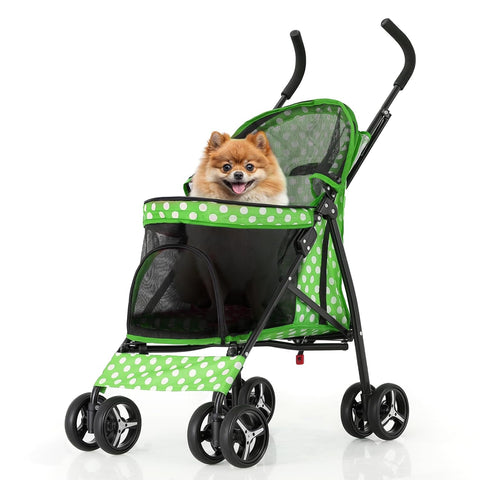 4 Wheels Pet Stroller, Easy-Fold Umbrella Shaped Dog Cat Jogger Stroller W/Storage Bag & Visible Mesh for Small/Medium Dogs Cats Lawn Green Polka Dots