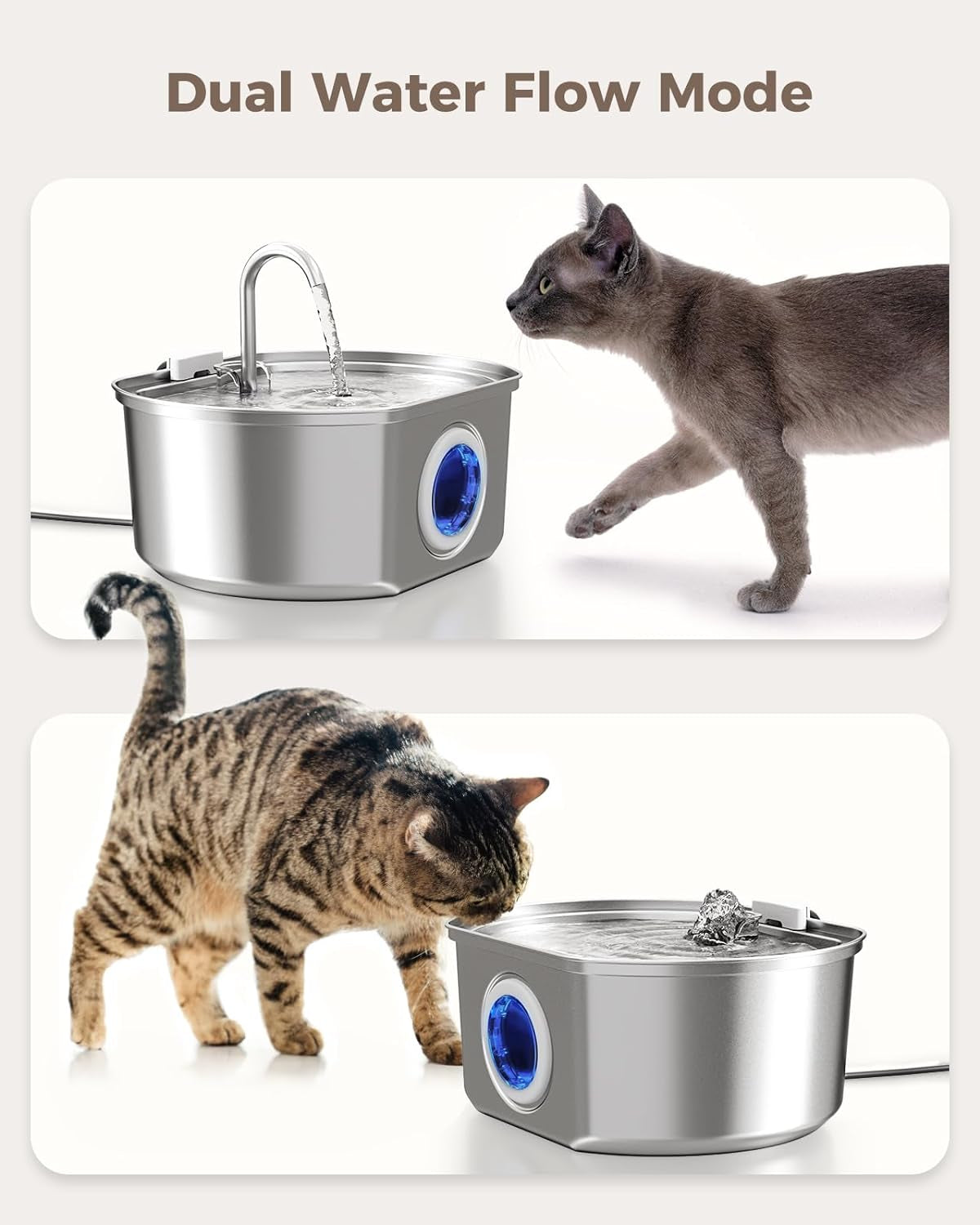 Cat Water Fountain Stainless Steel: 108Oz/3.2L Cat Fountain for Drinking- Pet Water Fountain for Cats inside - Automatic Cat Water Dispenser Bowl - Cat Feeding & Watering Supplies - Water Level Window