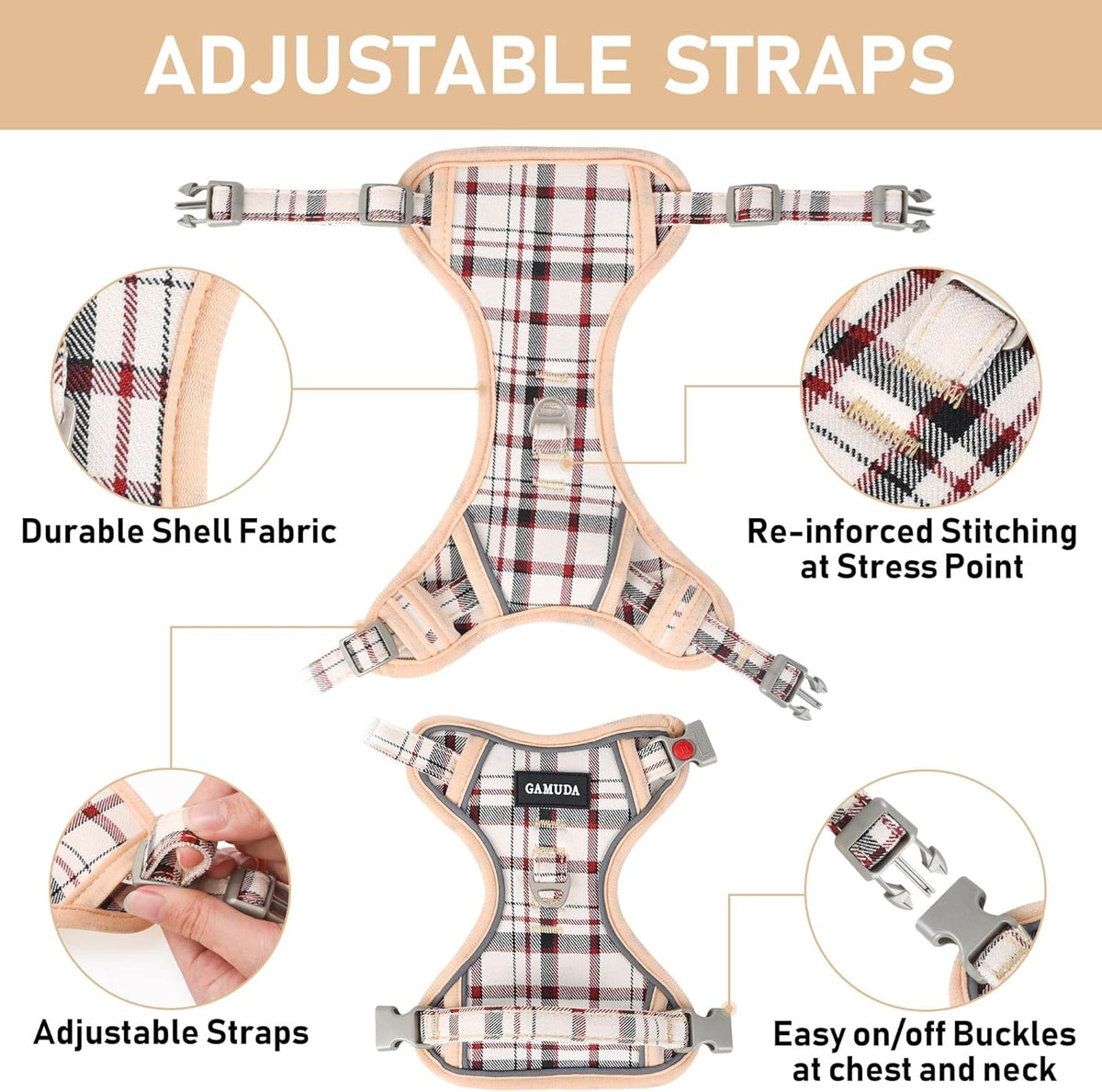 Dog Harness Collar and Leash Set, Dog Harness, No Chock No Pull Adjustable Vest Harnesses Plaid Reflective for Medium Dog, Cat, Small Horse, Small Bull and Pig (Beige, M)