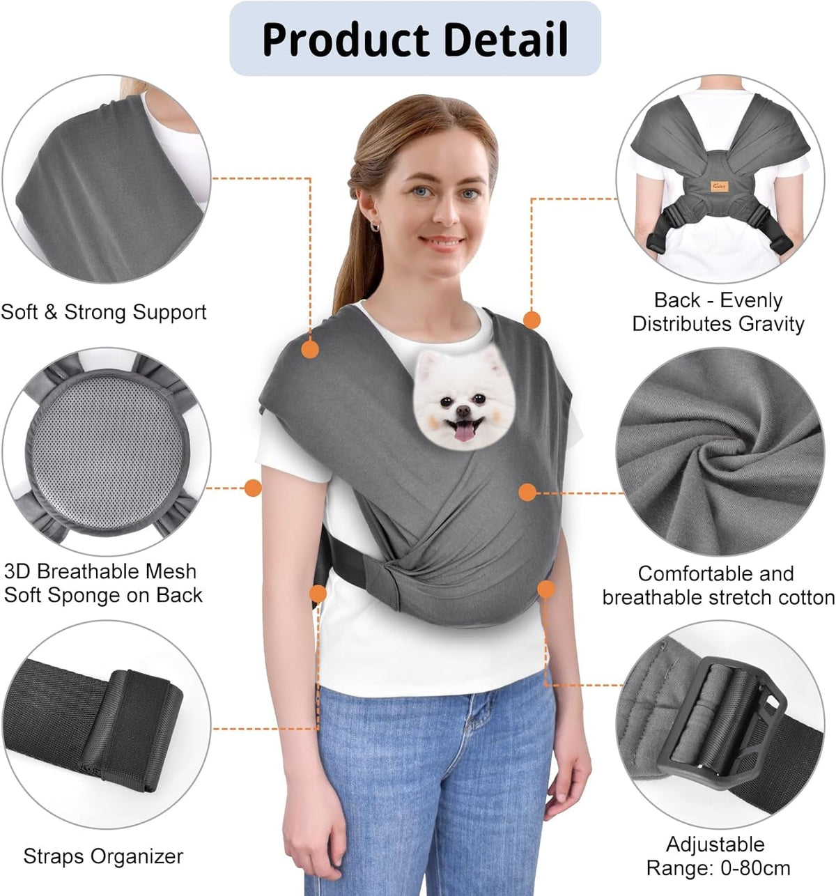 Swaddle Dog Sling Carrier for Small Dogs, Front Pet Sling Carrie Chest, Hands Free Adjustable Cat Sling Carrier Soft Cotton Reducing Pain Puppy Sling Carrier for Small Pets up to 11Lb(Dark Gray)