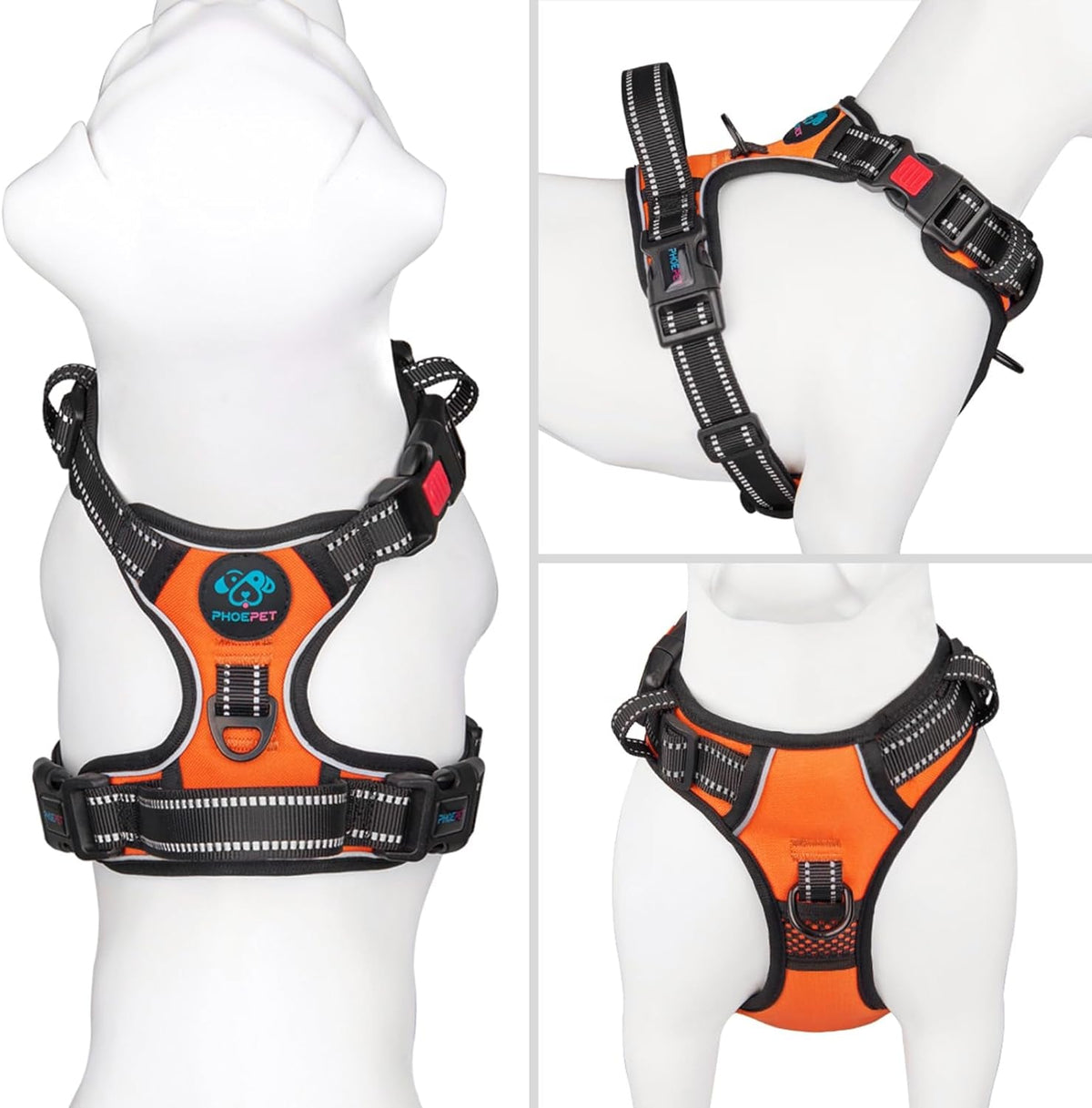 Reflective Dog Harness Large Breed Adjustable No Pull Vest with with Handle 2 Metal Rings 3 Buckles [Easy to Put on & Take Off](L, Orange)