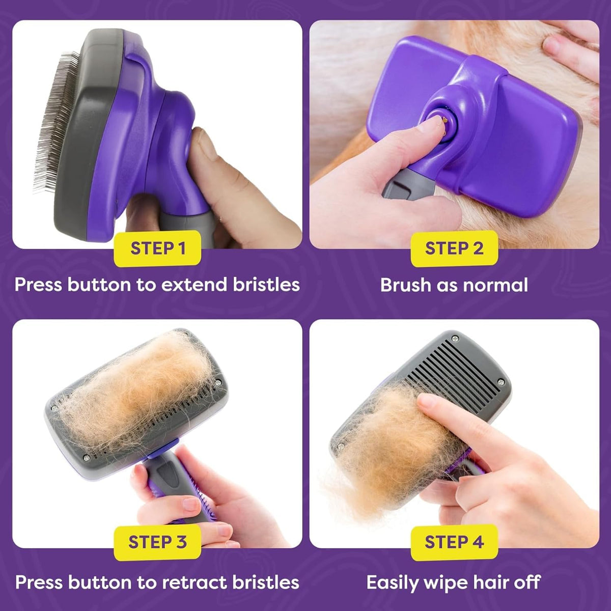 Self Cleaning Slicker Brush for Dogs and Cats - Pet Hair Brush for Shedding Long and Short Hair - Grooming Brush with Easy Clean Retractable Bristles - Cat and Dog Grooming Tool - Purple