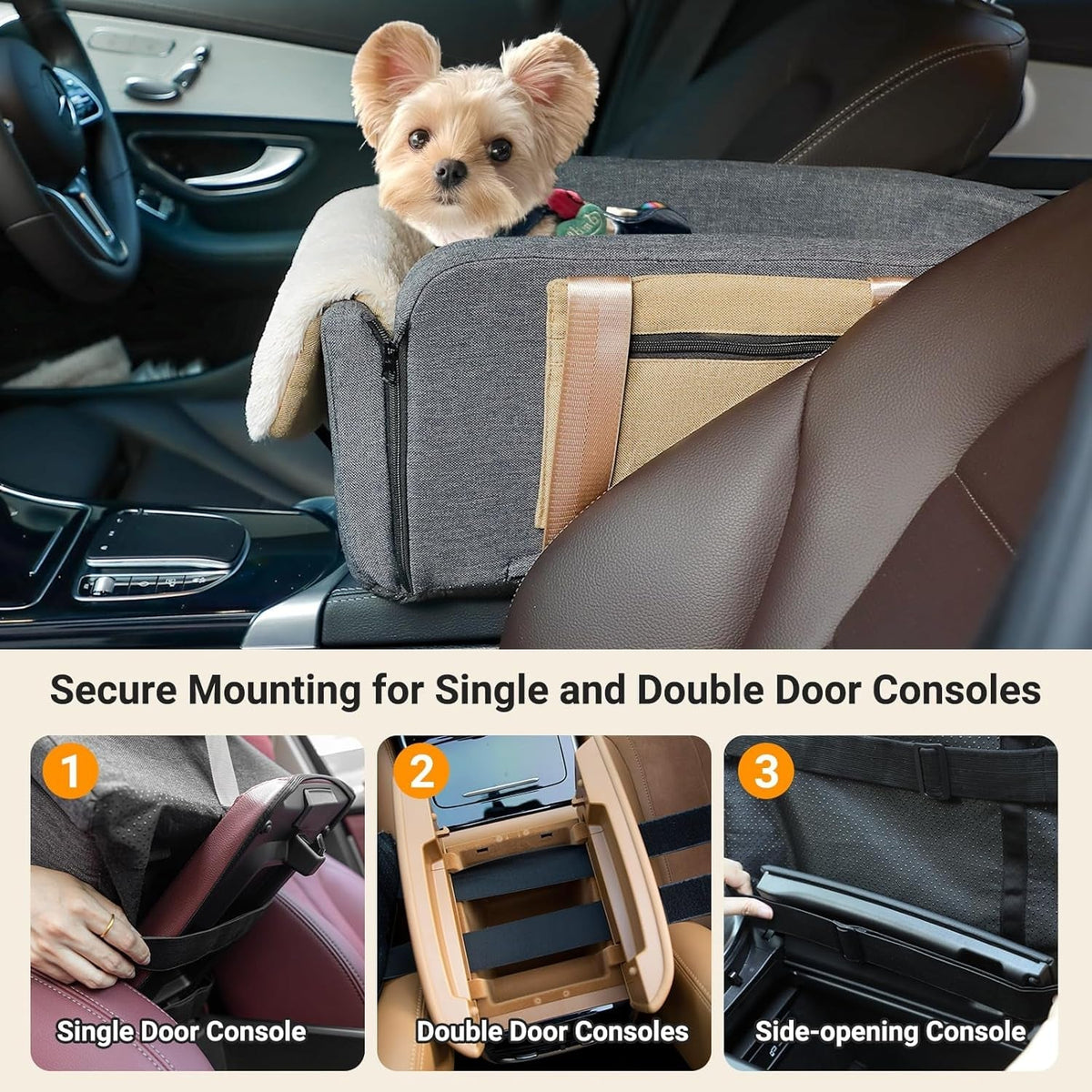 Dog Car Seat Cat Carrier - Dog Car Booster Seat on Car Armrest Travel Bags for Cats Dogs with Easy Carrying Strap Dog Travel Car Carrier with Safety Tethers Console Car Seat for Dogs