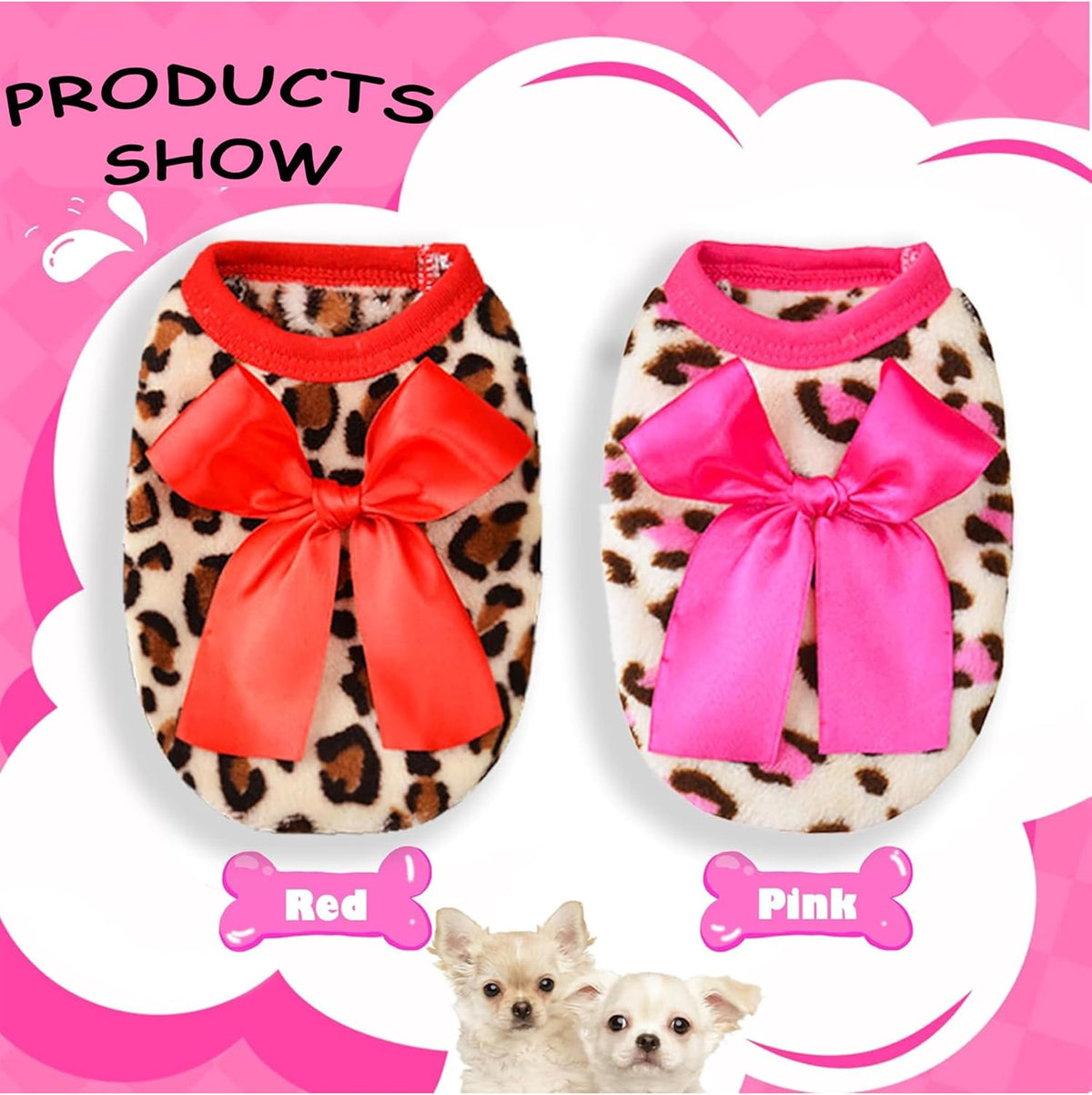 2 Pieces XXS Dog Sweater for Small Dogs - Leopard Teacup Chihuahua & Yorkie Puppy Clothes (Pink+Red, Xx-Small)