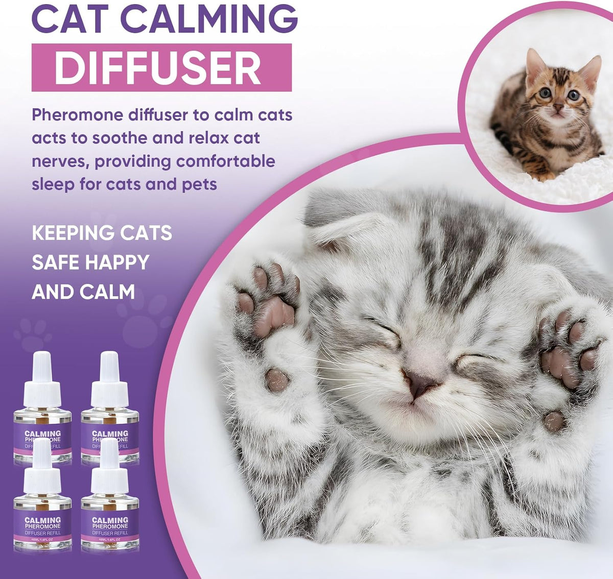 Cat Calming Pheromone Diffuser Effectively Relieve Anxiety Stress Cat Calming Diffuser Comfort for Cats Refill Reduce Fighting Spraying and Scratching Calm Relaxing 48Ml/Bottle Fits All Cats