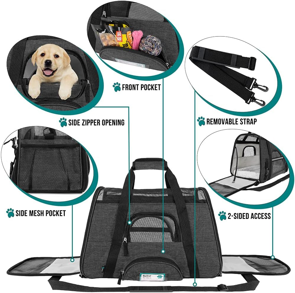 Airline Approved Pet Carrier for Cat, Soft Sided Dog Carrier for Small Dog, Cat Travel Supplies Accessories Indoor Cats, Ventilated Pet Carrying Bag Medium Kitten Puppy, Large Heather Dark Gray