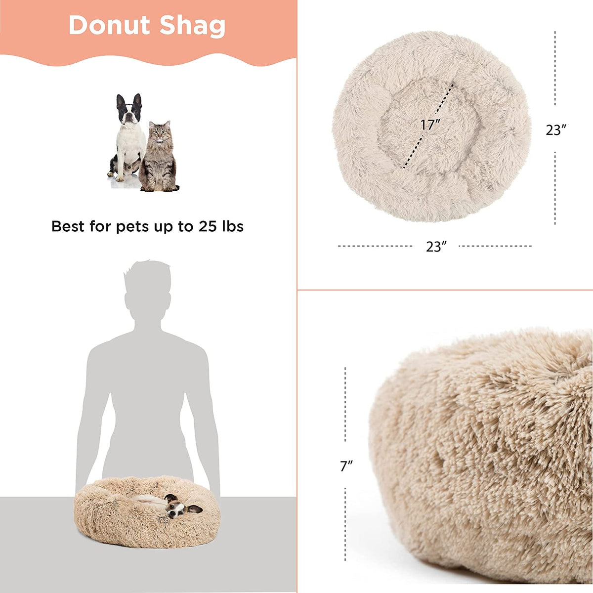 the Original Calming Donut Dog and Cat Bed in Shag Fur, Taupe, Small, 23X23