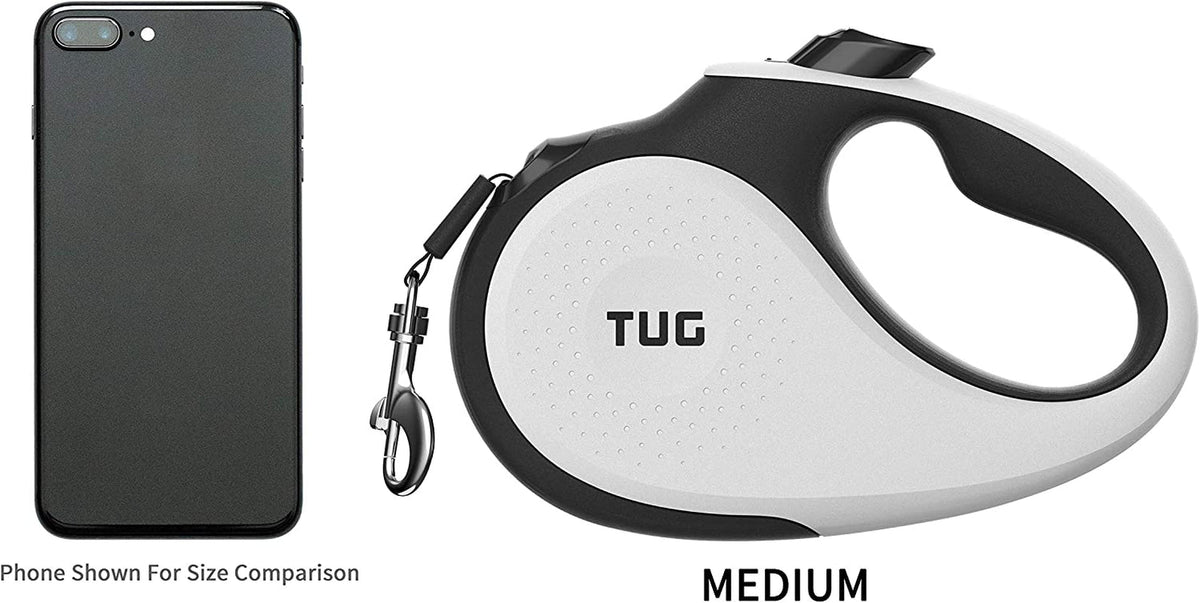 360° Tangle-Free Retractable Dog Leash | 16 Ft Strong Nylon Tape | One-Handed Brake, Pause, Lock (Medium, White)