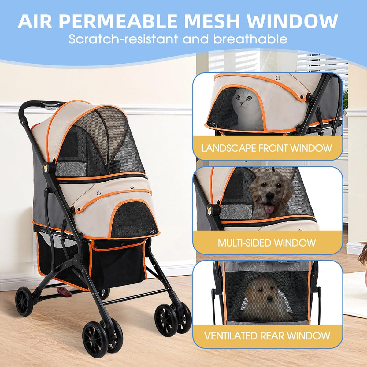 4 Wheels Dogs Cats Stroller for Small Medium Dogs Cats Pets up to 35 Lbs，Foldable Dog Cat Stroller Jogger Travel Stroller with Storage Basket and Cup Holder, Yellow