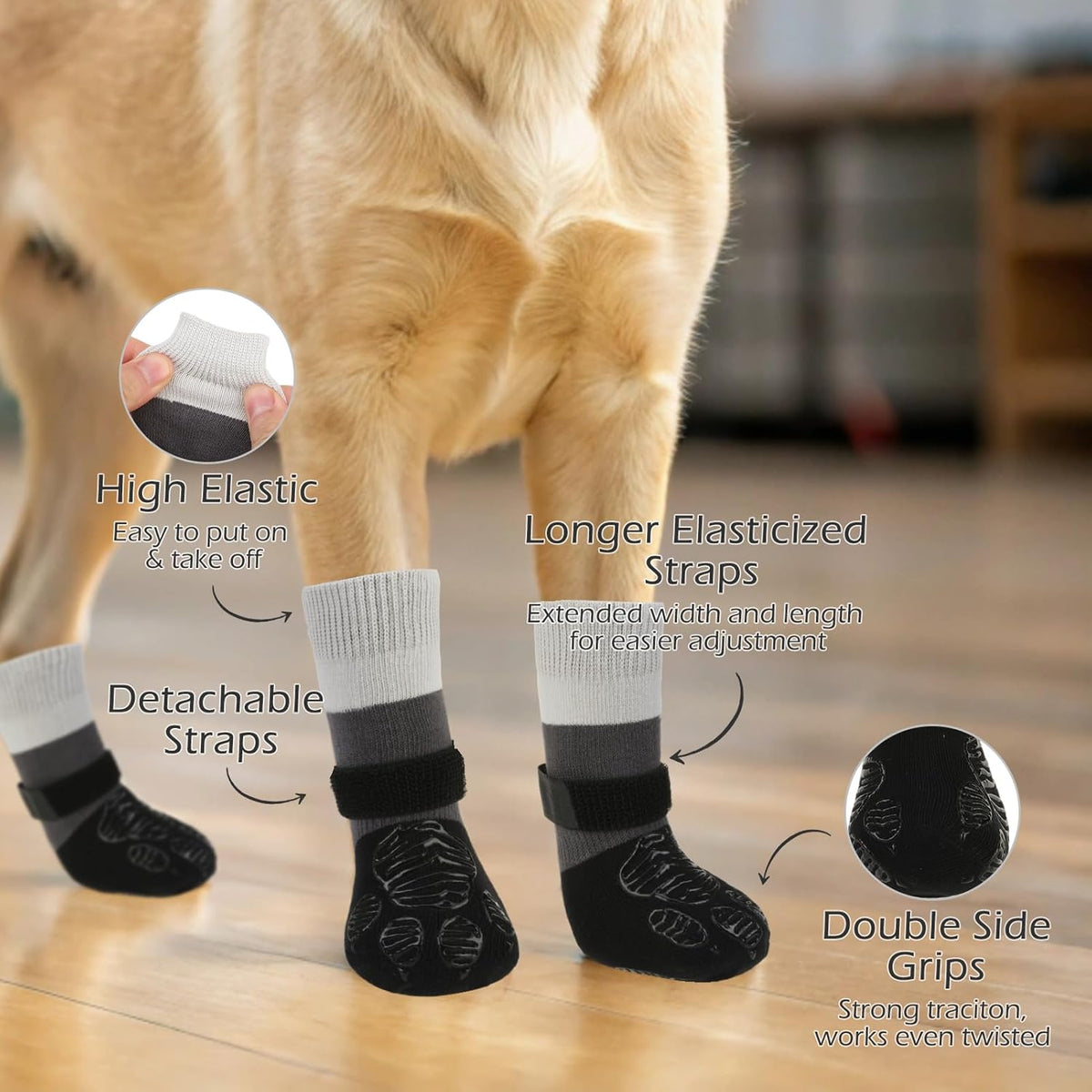 anti Slip Dog Socks to Prevent Licking Paws, Dog Boots & Paw Protectors with Grippers for Winter, Dog Booties for Hardwood Floors, Dog Shoes for Small Medium Large Senior Dogs, Balck XS