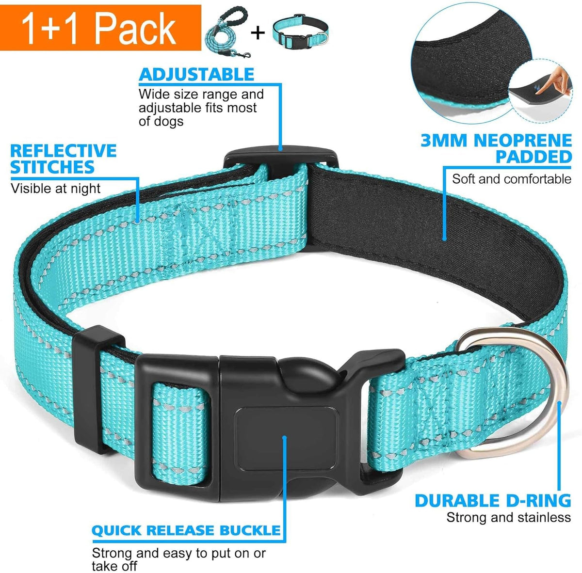 Reflective Dog Collar Padded with Soft Neoprene Breathable Adjustable Nylon Dog Collars for Small Medium Large Dogs (Medium (Pack of 1), Blue Collar+Leash)