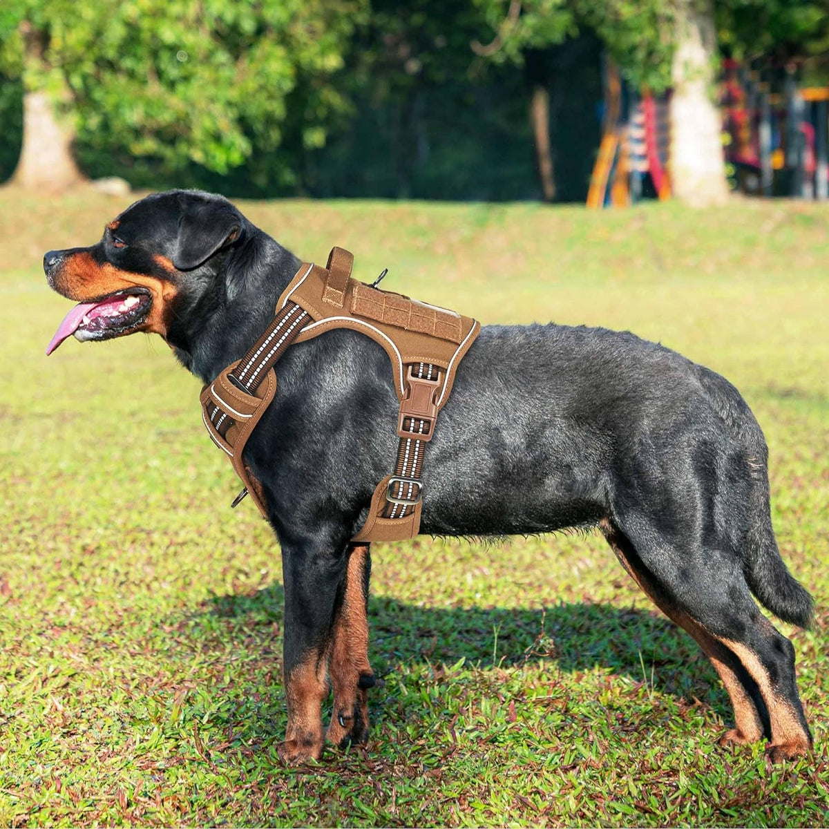 Heavy Duty Tactical Dog Harness for Large Dogs, No Pull Adjustable Pet Harness Reflective Service Training Easy Control Pet Vest Military K9 Working Dog Harnesses- Large, Brown