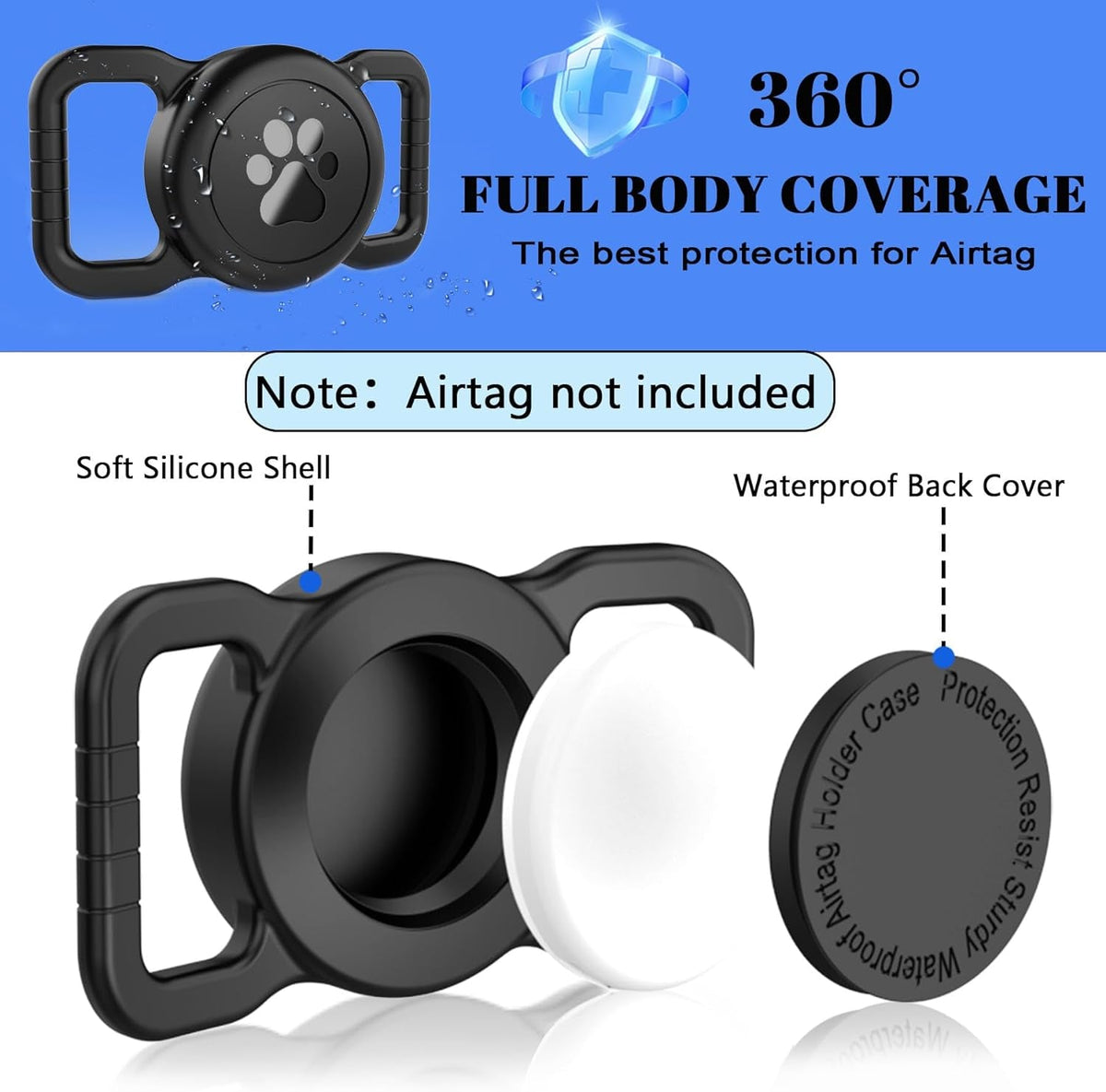 Airtag Dog Collar Holder, [1 Pack] Waterproof Dog Airtag Holder, Silicone Full Body Covered Anti-Lost Protective Apple Air Tag Holder for Pet Collar - Fits All Width Collars, Black