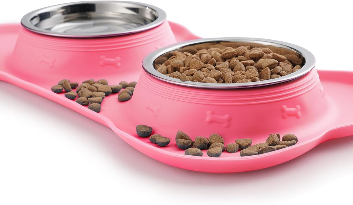 Pet Dog Bowls 2 Stainless Steel Dog Bowl with No Spill Non-Skid Silicone Mat + Pet Food Scoop Water and Food Feeder Bowls for Feeding Small Medium Large Dogs Cats Puppies (S, Pink)