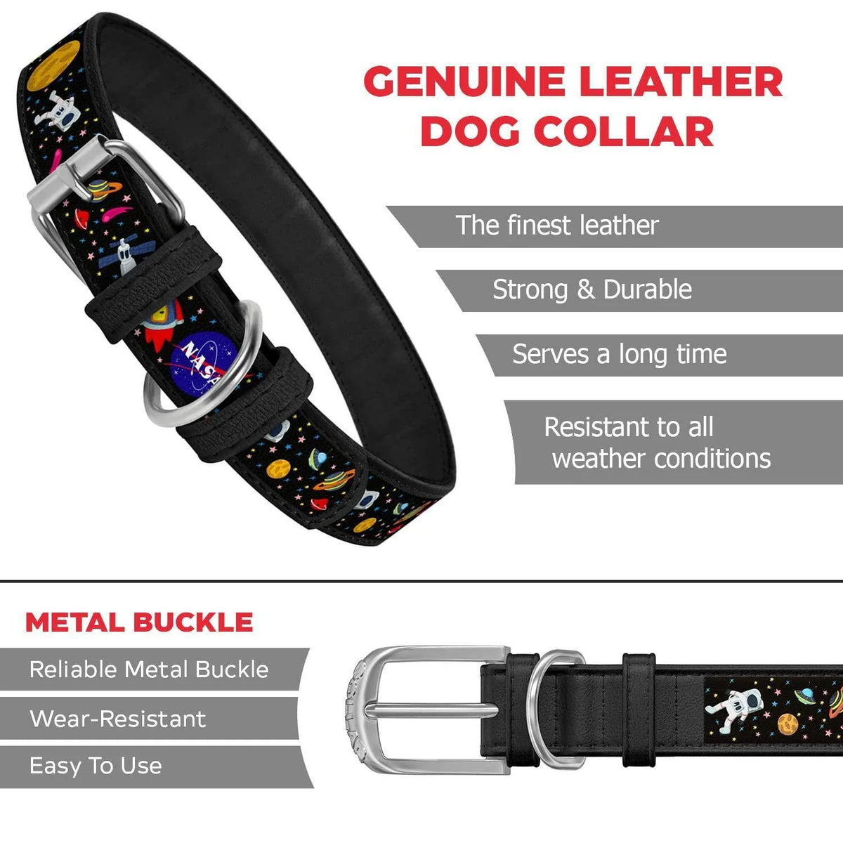 Leather Dog Collar with NASA Design for Large Dogs 1419 in Neck X 1 in Wide