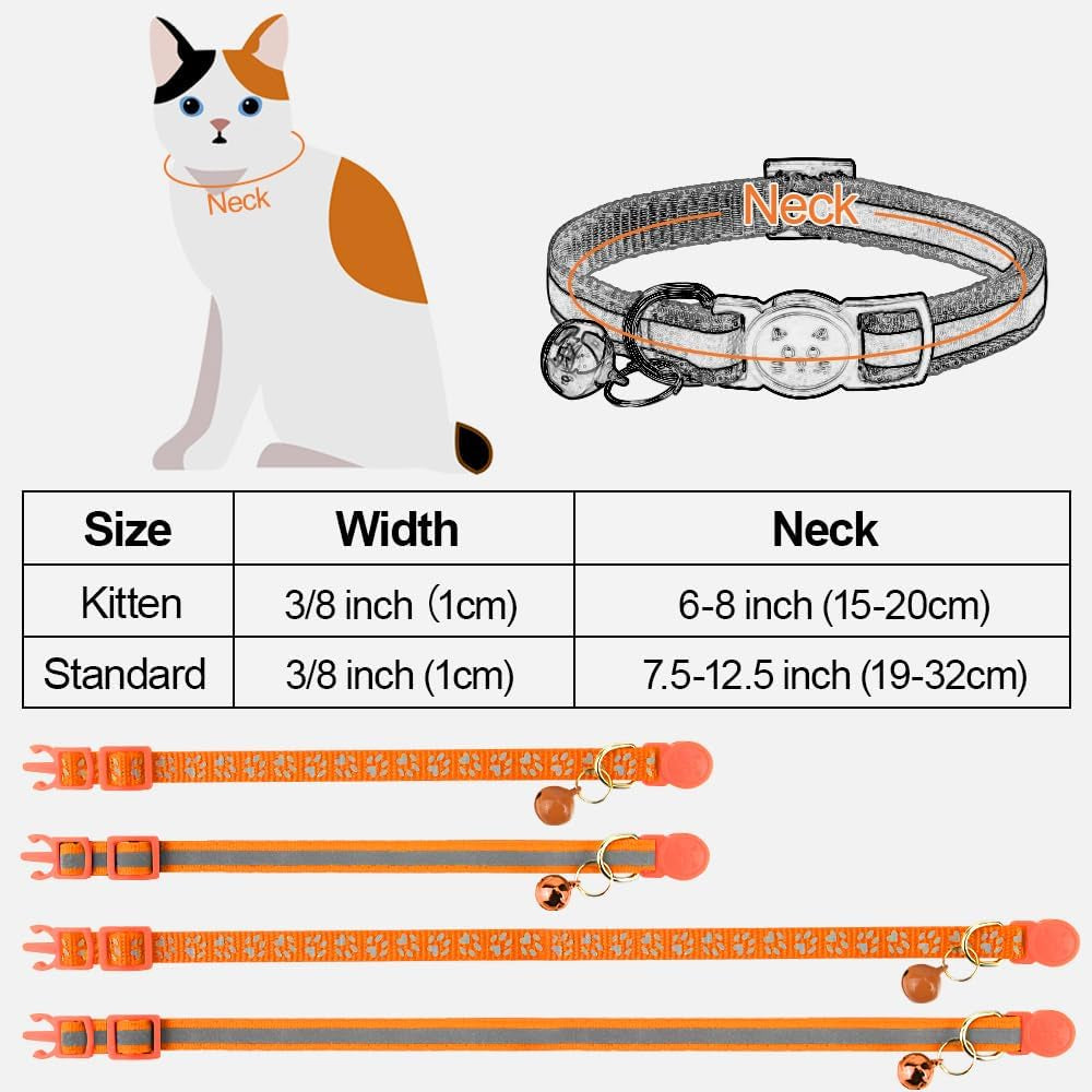 Reflective Cat Collar Breakaway with Bells, 2 Pack Girl Boy Pet Cat Collar Adjustable 7.5-12.5 Inch, Orange