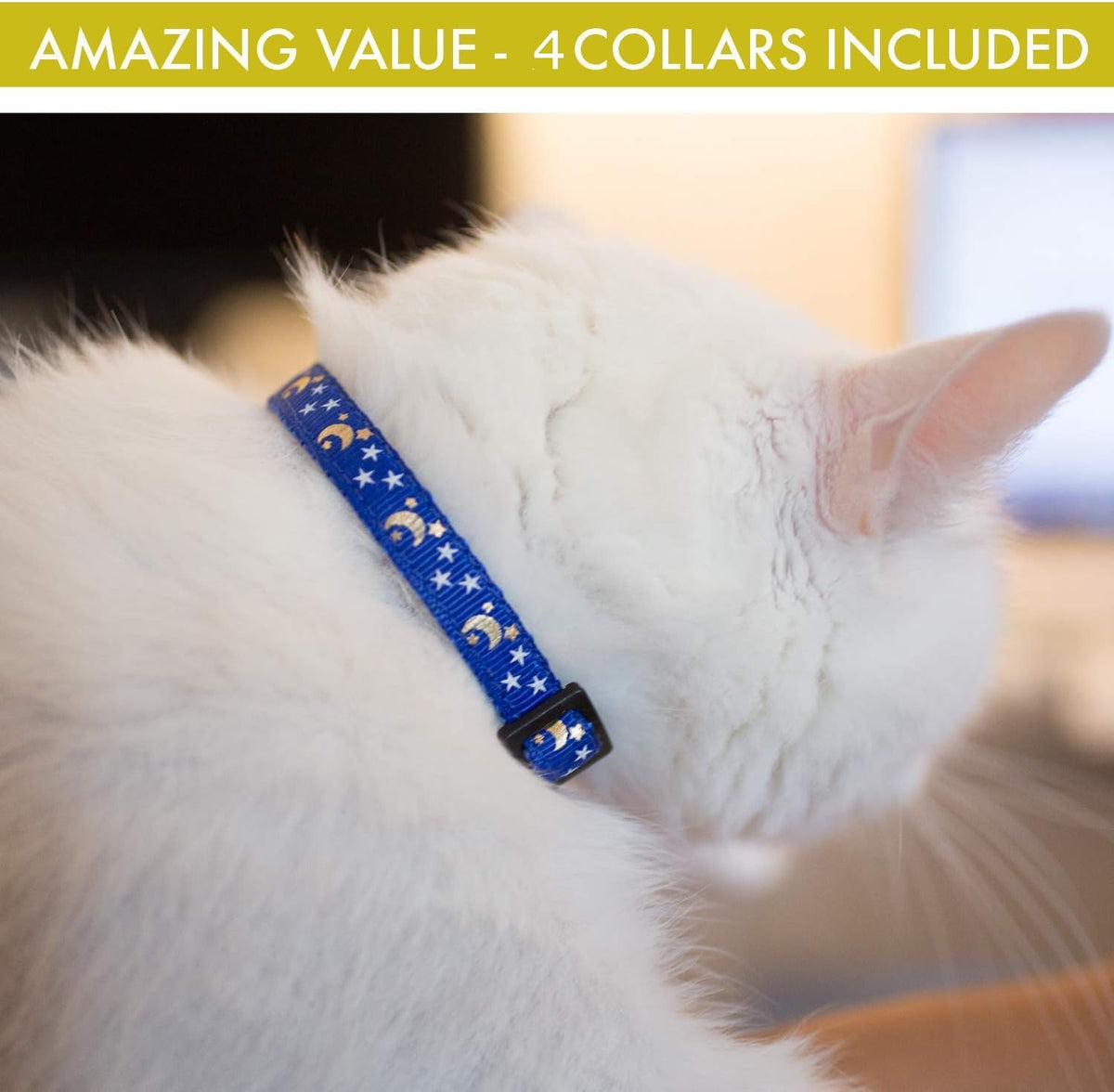 Cat Collar Stars and Moon, 4-Pack, Reflective with Bell, Solid & Safe Collars for Cats, Nylon, Kitty Collars, Pet Collar, Breakaway Cat Collar