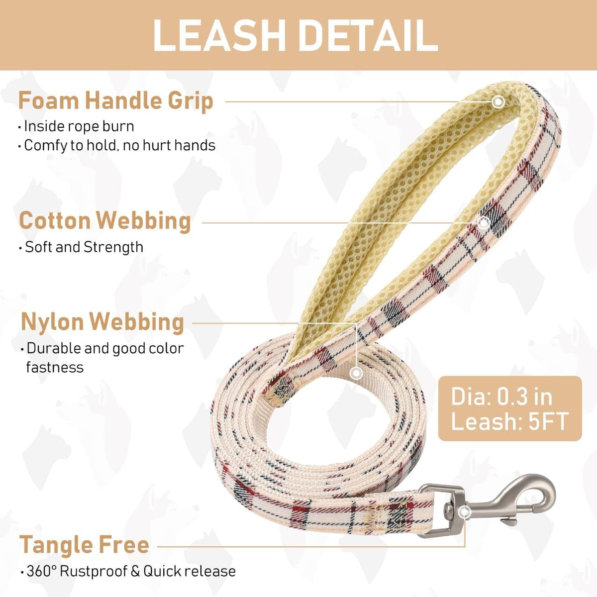 Dog Harness Collar and Leash Set, Dog Harness, No Chock No Pull Adjustable Vest Harnesses Plaid Reflective for Medium Dog, Cat, Small Horse, Small Bull and Pig (Beige, M)