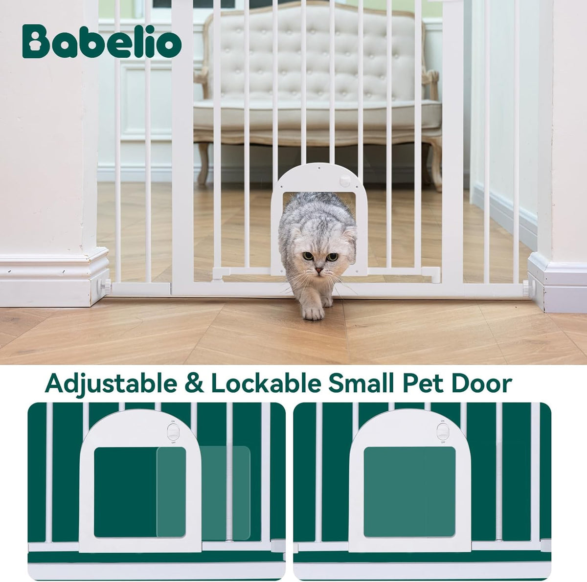 Baby Gate with Adjustable Cat Door,29-43" Auto Close Durable Pet Door for Stairs,Doorways and House,Pressure Mounted,Easy Install,Effortless Walk Thru,White