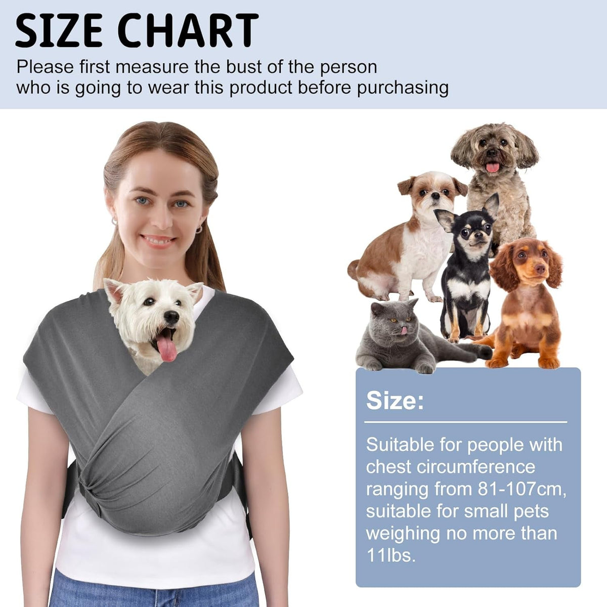 Swaddle Dog Sling Carrier for Small Dogs, Front Pet Sling Carrie Chest, Hands Free Adjustable Cat Sling Carrier Soft Cotton Reducing Pain Puppy Sling Carrier for Small Pets up to 11Lb(Dark Gray)