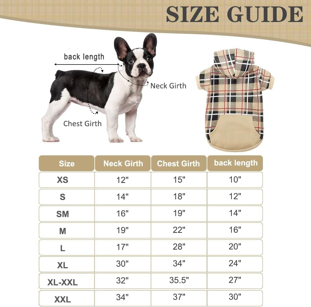 Plaid Dog Hoodie - British Style Soft and Warm Dog Sweater with Leash Hole, Hooded Cold Weather Clothes, Dog Sweatshirt, Outfits, Winter Coat for Small Medium Large Dogs