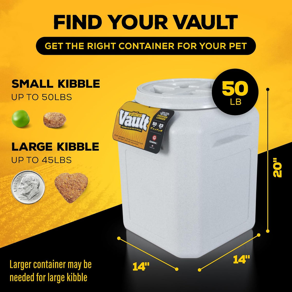 Vittles Vault Airtight Dog Food Storage Container - Fits up to 50 Pounds of Dry Pet Food - Perfect for Cat and Puppy Kibble - Bpa-Free Plastic - Made in the USA - 14" L X 20" H