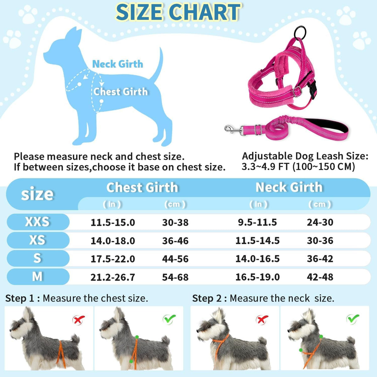 No Pull Small Dog Harness and Leash Set, Puppy Soft Vest Harness Neck & Chest Adjustable, Reflective Lightweight Harness & Anti-Twist Pet Lead Combo for Small Medium Dogs (Fuchsia, XXS)