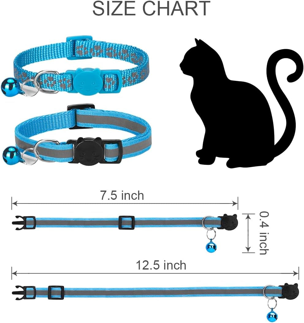 2 Pack Cat Collar with Bells, Reflective Collars for Cats with Breakaway Safety Buckle, Nylon, 7-12 Inch Adjustable, Blue