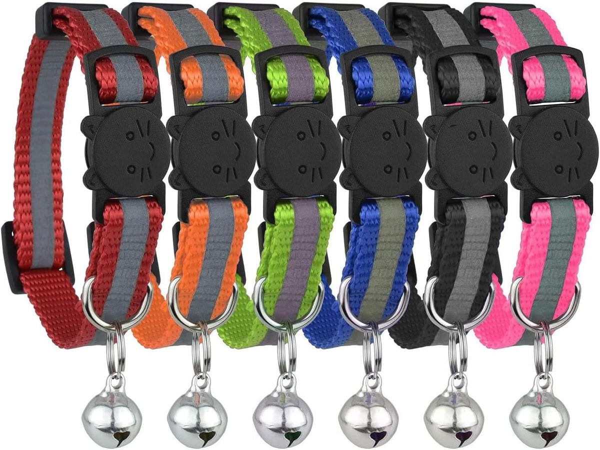 Reflective Cat Collar with Bell, Set of 6, Solid & Safe Collars for Cats, Nylon, Mixed Colors, Pet Collar, Breakaway Cat Collar Charms