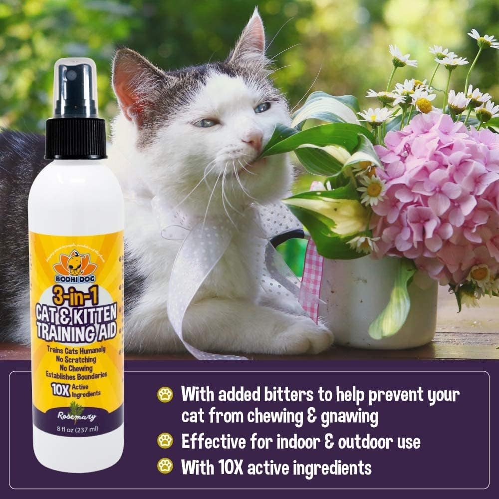 3-In-1 Cat & Kitten Training Aid - Cat Deterrent Spray for Indoor and Outdoor Use - Protect Furniture, Rugs and Plants - Establish Boundaries & Keep Felines off - Made in USA (8 Fl Oz)