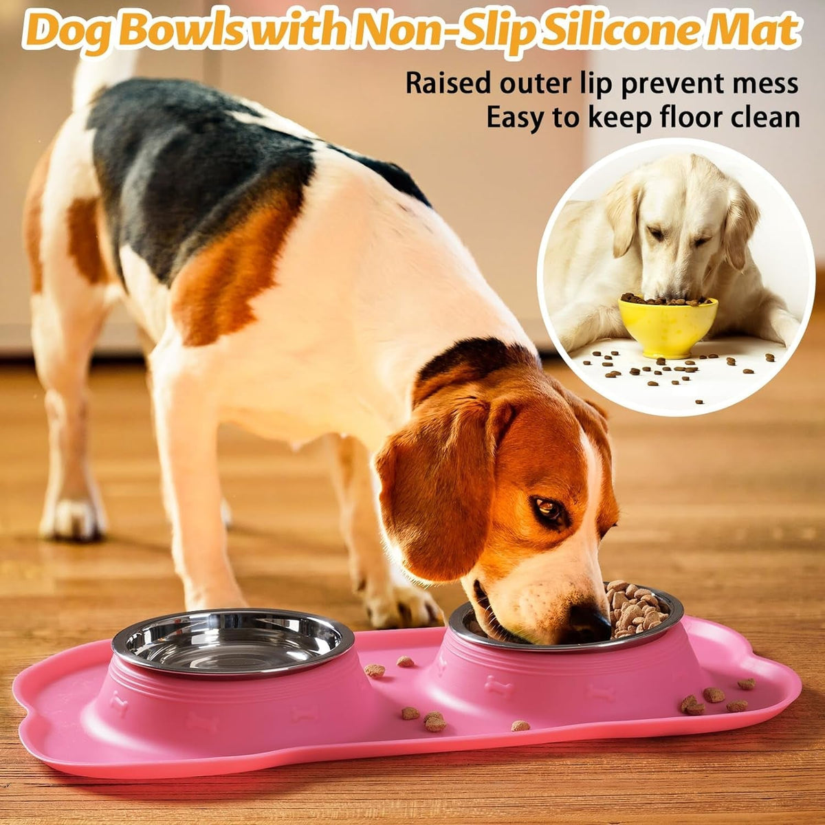 Pet Dog Bowls 2 Stainless Steel Dog Bowl with No Spill Non-Skid Silicone Mat + Pet Food Scoop Water and Food Feeder Bowls for Feeding Small Medium Large Dogs Cats Puppies (S, Pink)