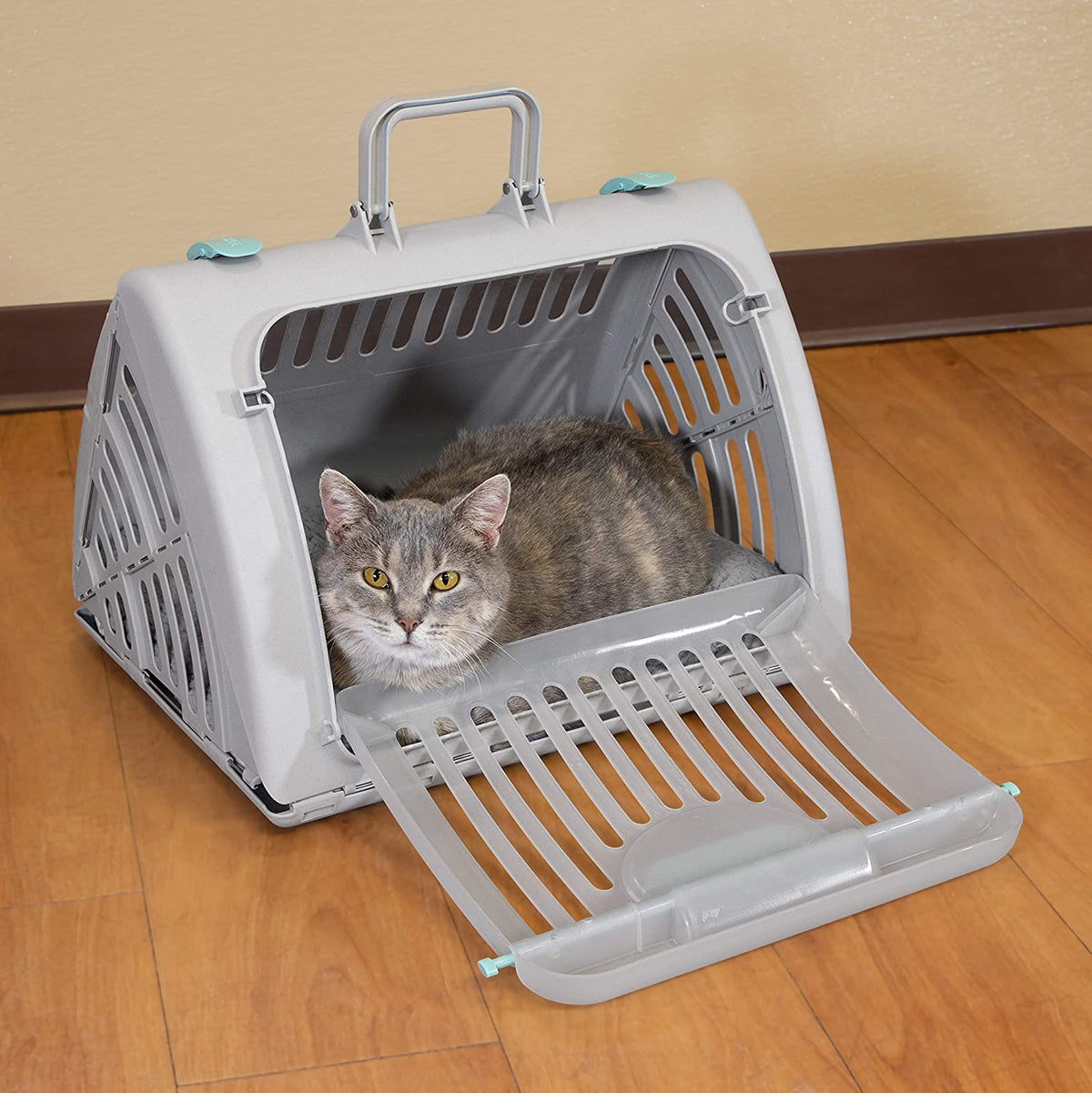 Sport Pet Foldable Travel Cat Carrier with a Waterproof Bed - Front Door Plastic Collapsible Carrier, Gray (CM-10064-CS01)