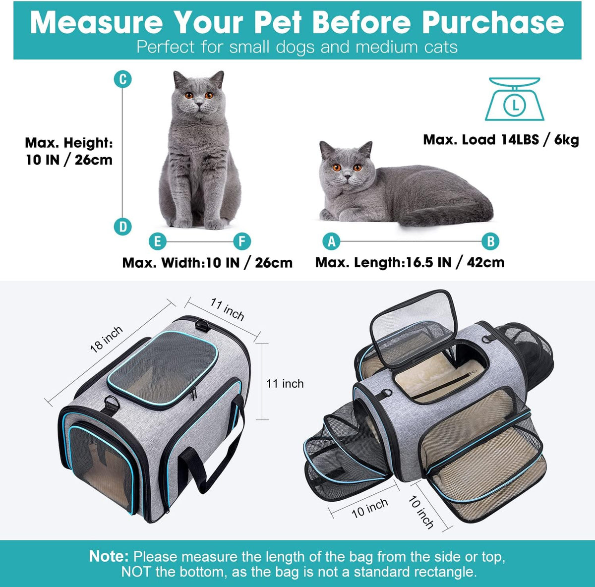 4 Way Expandable Pet Carrier, Airline Approved Collapsible Cat Soft-Sided Carriers W/Removable Fleece Pad for Cats, Puppy, Small Dogs (18"X 11"X 11")