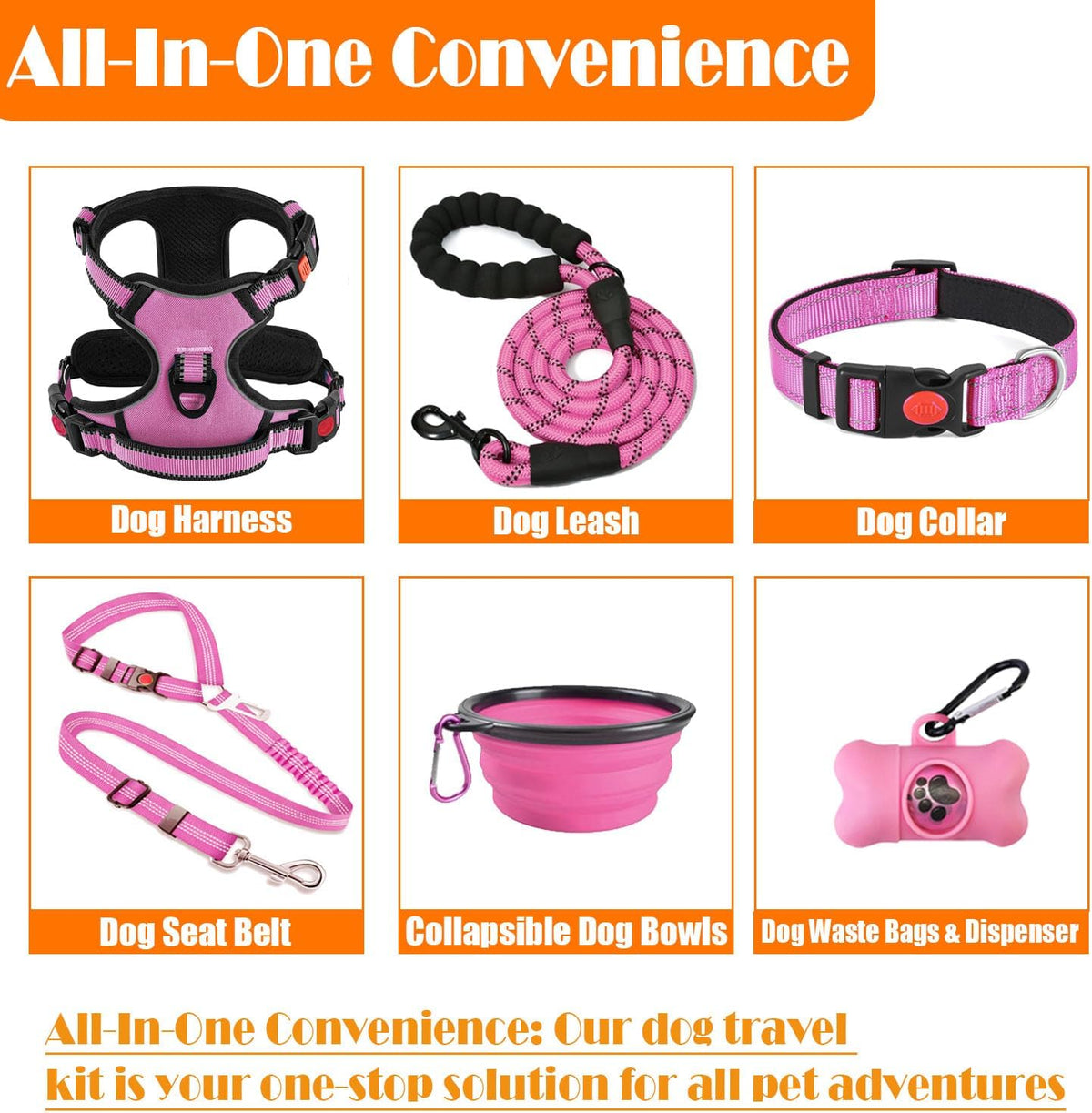 No Pull Dog Harness, Collar & Leash Set | Includes Dog Seat Belt, Collapsible Bowls & Poop Bag Dispenser. Ideal for Training, Walking, Hiking. Fits Small to Large Dogs(Pink-L)