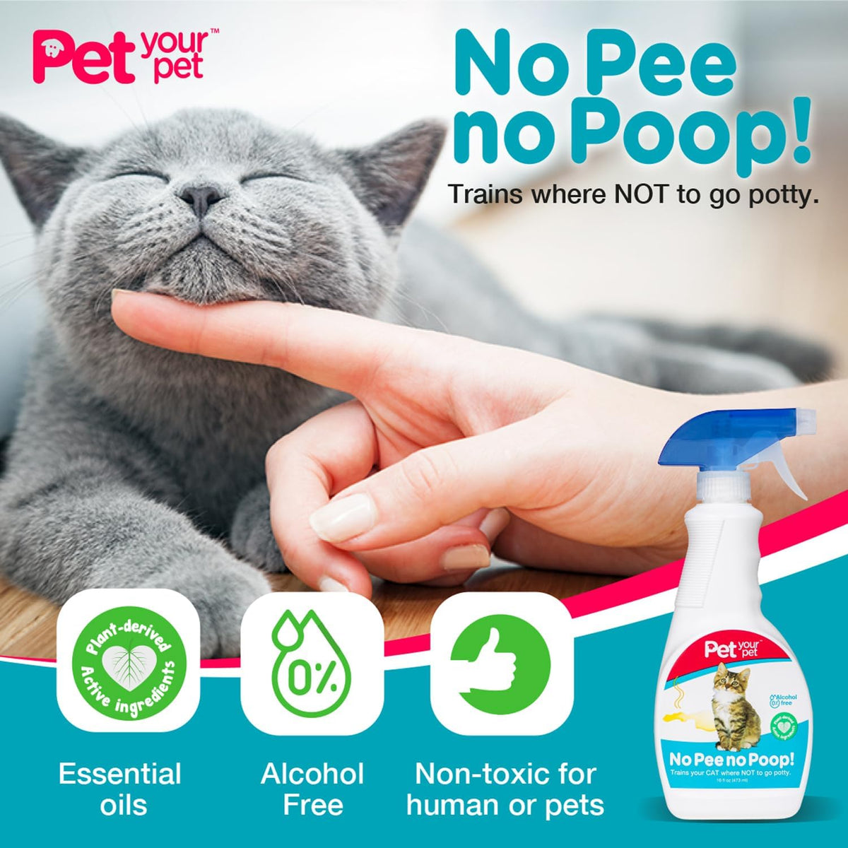 No Pee No Poop Cat Potty Training Spray, 16 Fl Oz – Non-Toxic Cat Spray Deterrent for Urine/Marking/Pooping – Natural Cat Pee Deterrent Spray – Indoor/Outdoor Keep off Cat Spray