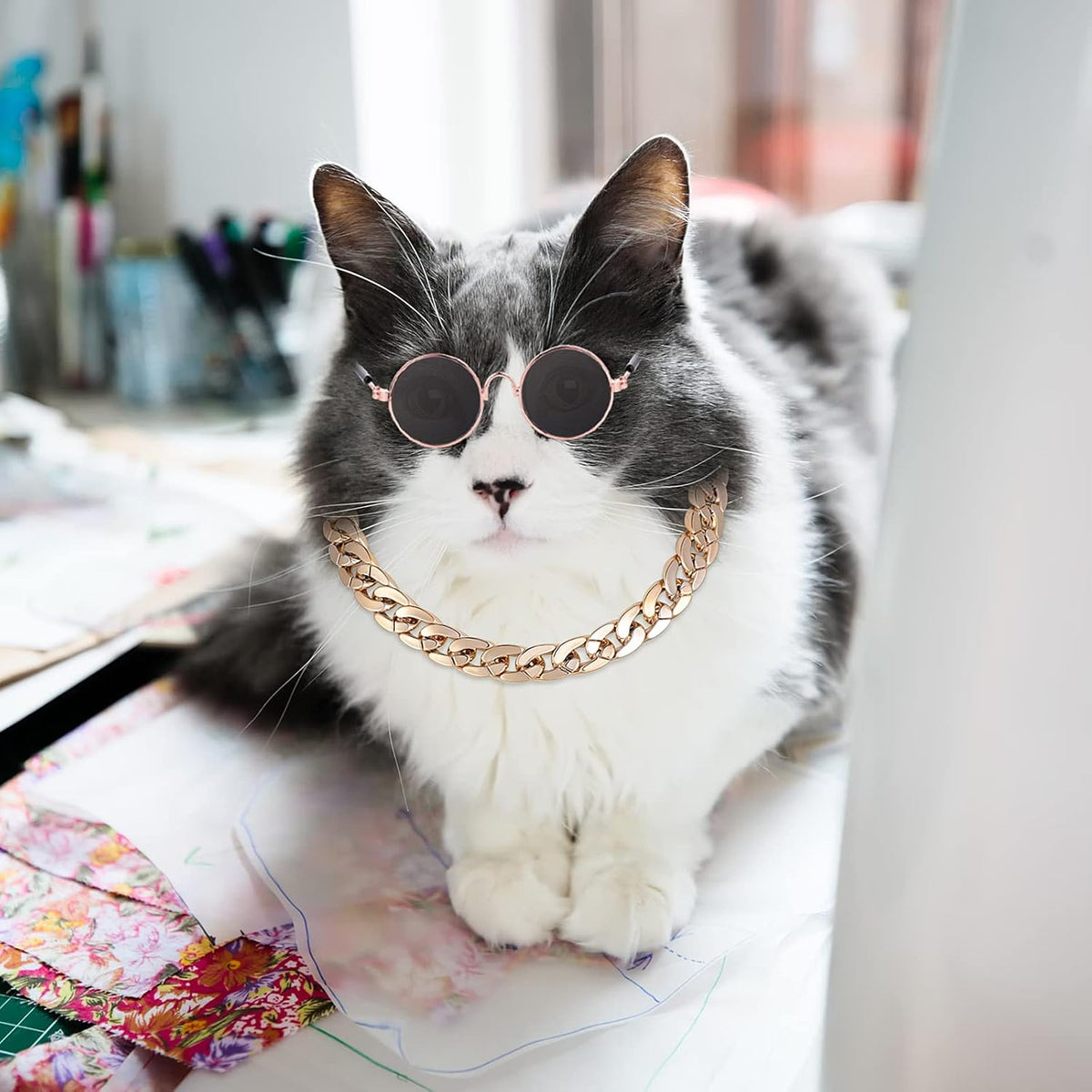 Cat Sunglasses Gold Chain Costume Decorations UV Protection Classic Retro Puppy Retro Sunglasses Faux Photo Props