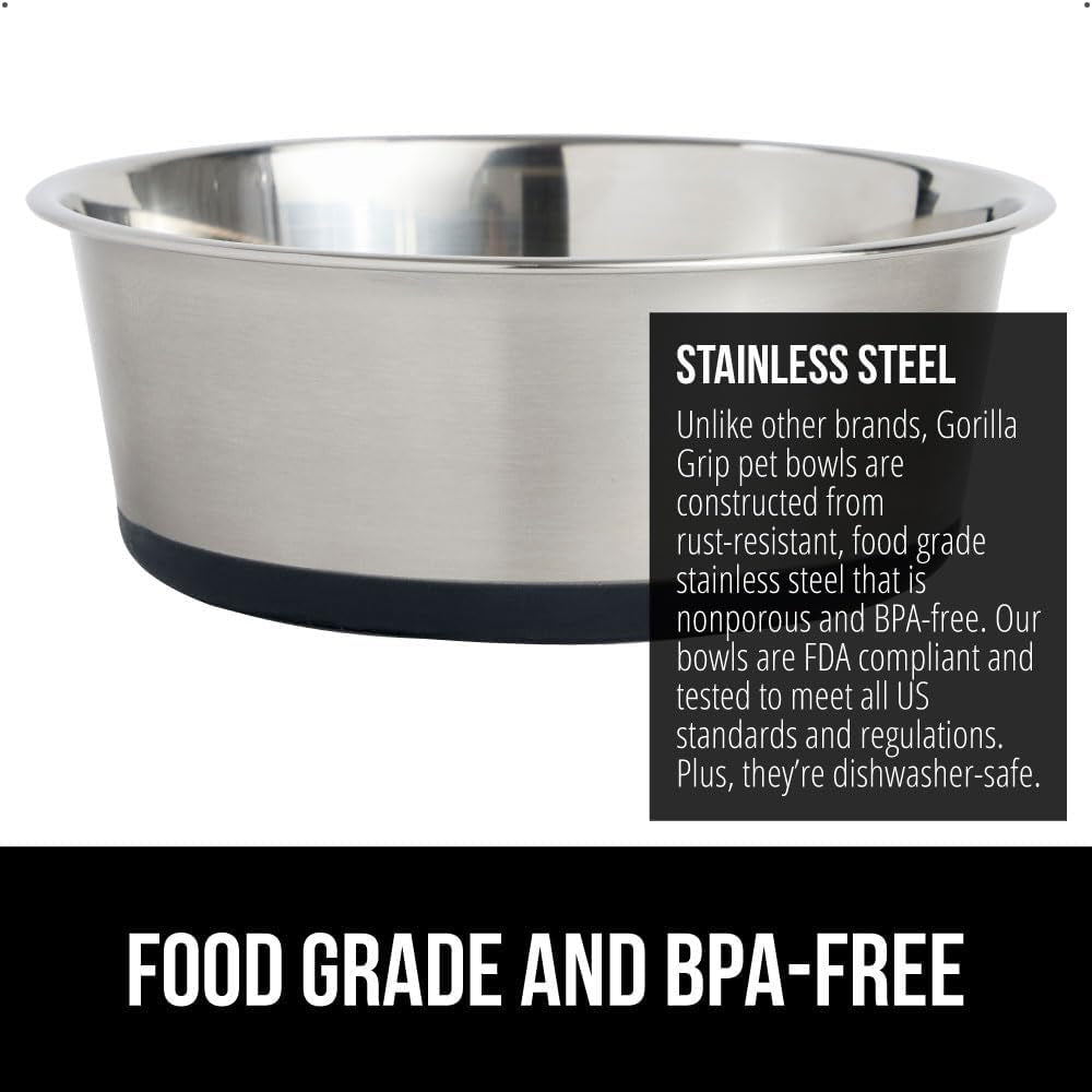 Set of 2 Dog Bowls, Heavy Duty Metal Food and Water Bowl for Feeding Dogs and Cats, Dishwasher Safe, Rust Resistant Stainless Steel, BPA Free Rubber Base, Holds 2 Cups (16 Fl Oz), Black