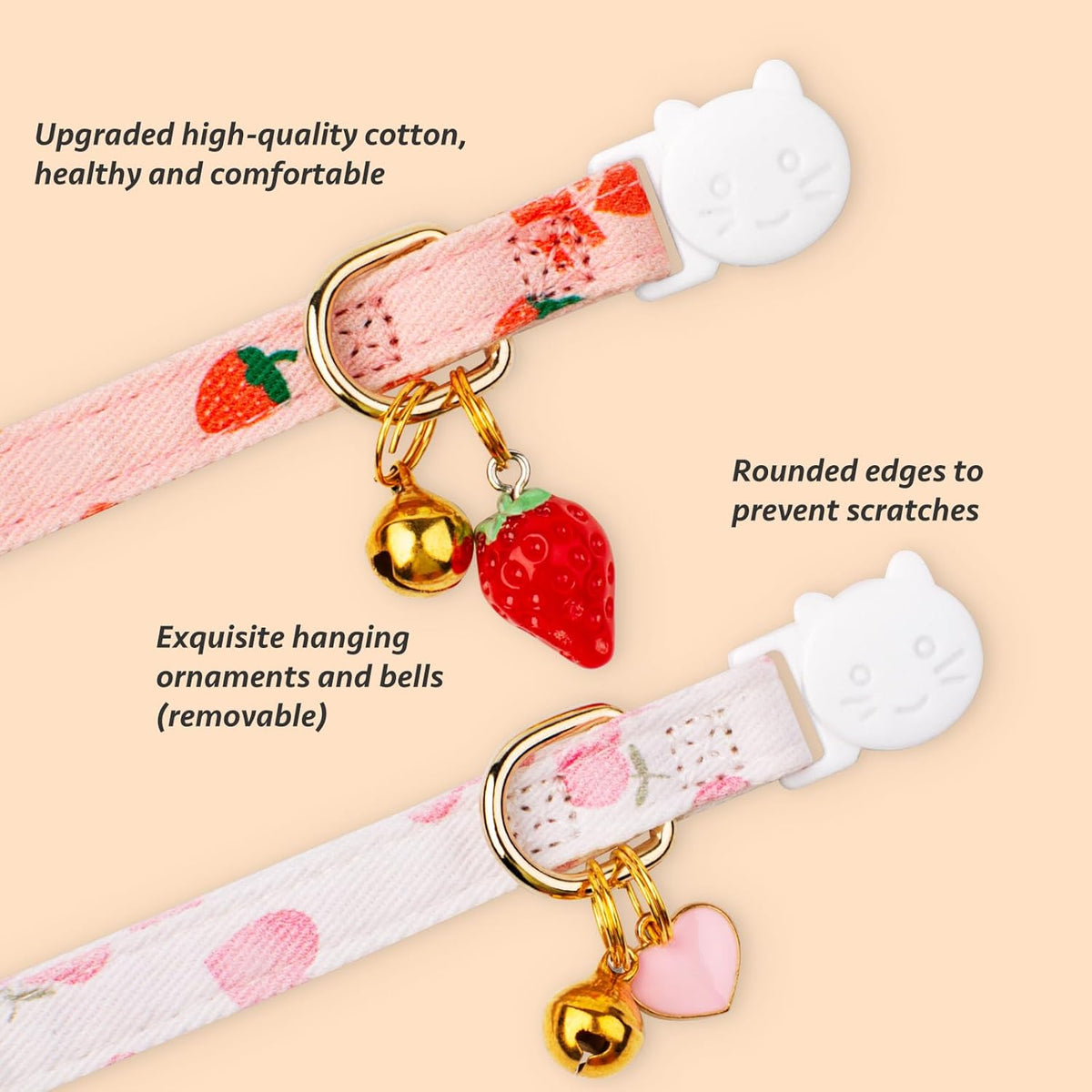 2 Pack Cotton Breakaway Cat Collar Pink Strawberries and White Heart Shaped Pendant Cute Kitten Cat Collar with Bell