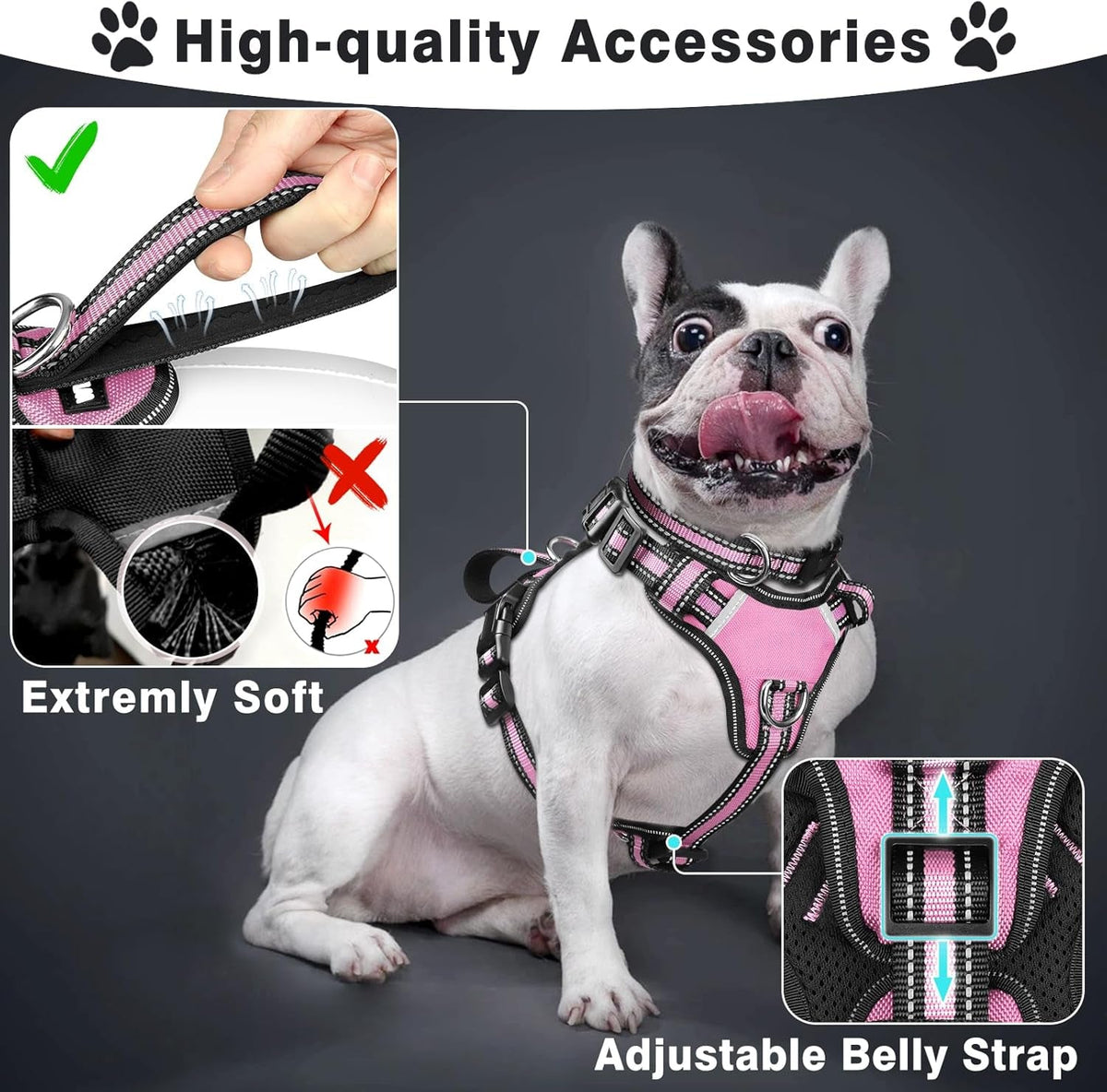 Pet Harness Collar and Leash Set, All-In-One Reflective Dog Harness No Pull with Adjustable Buckles for Puppies, Small, Medium, Large, and Extra-Large Dogs (Large, Pink)