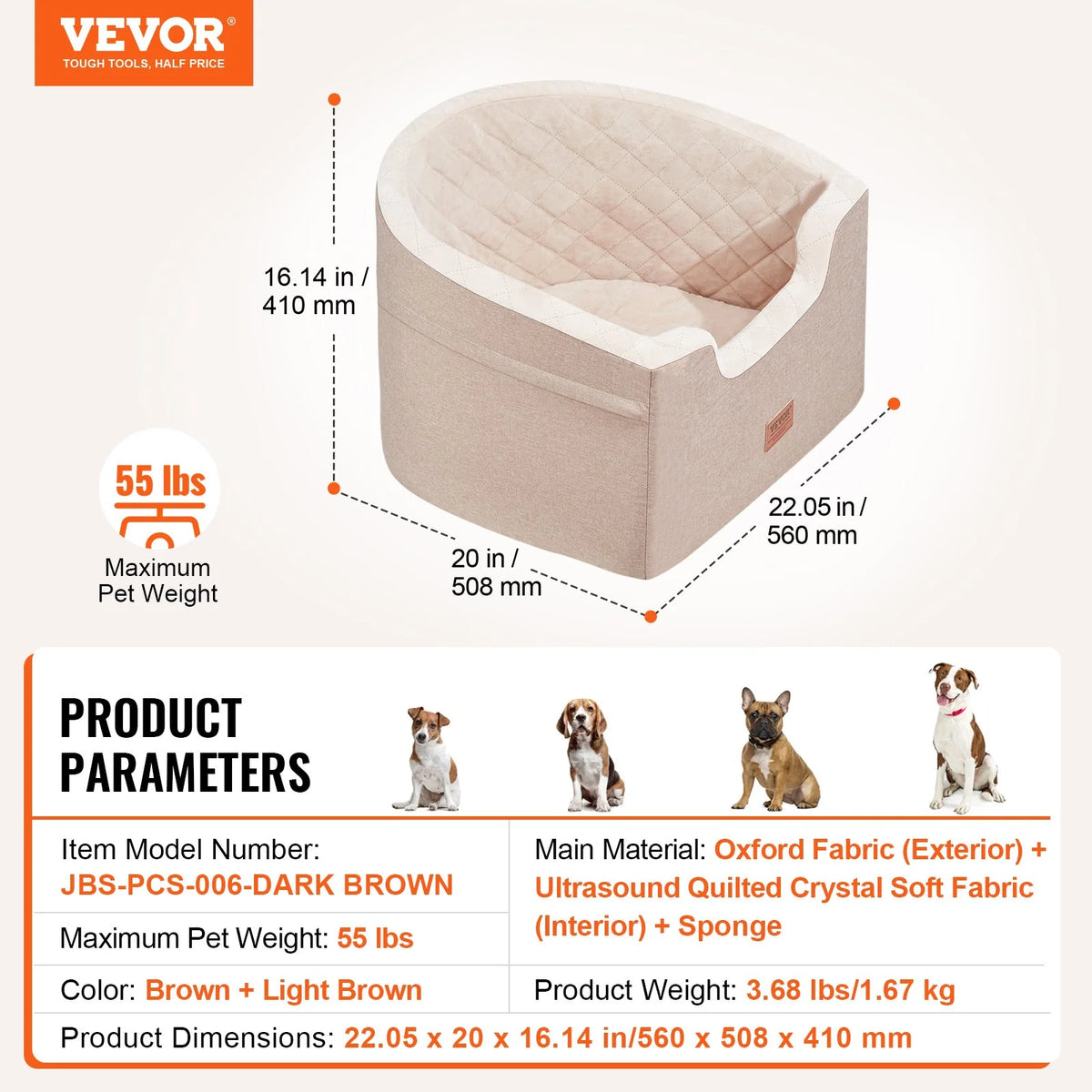 VEVOR Dog Booster Car Seat Pet Car Seat for Small Medium Dog up to 55 Lbs Brown