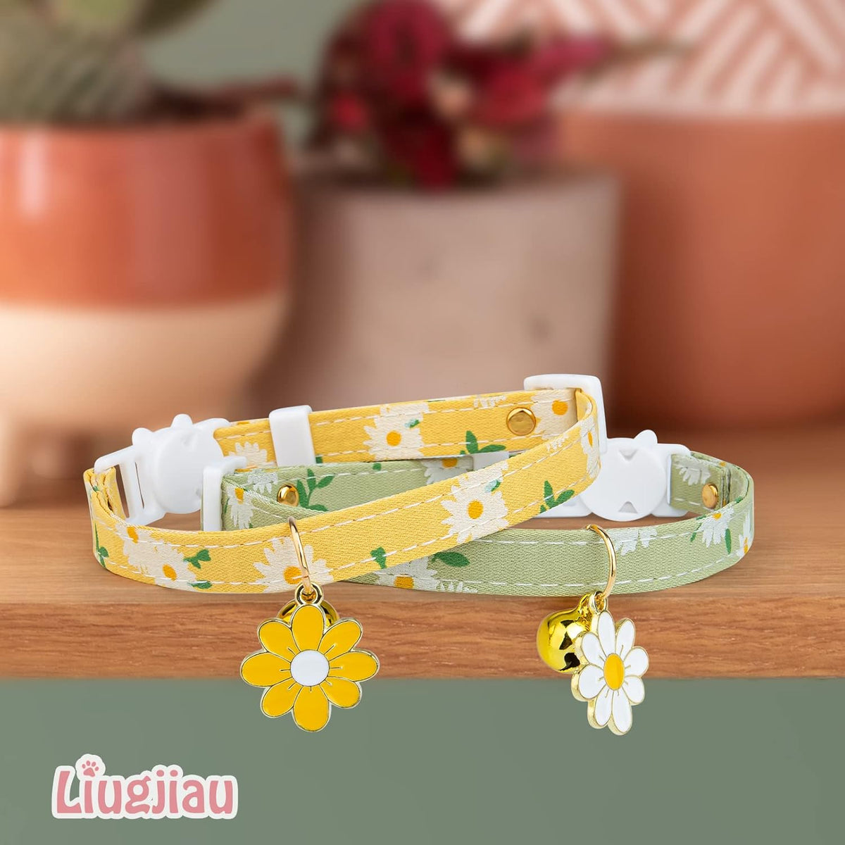 2 Pack Cotton Breakaway Cat Collar with Bell Yellow&Green Flowers Pendant Cute Kitten Cat Collar Suitable for Girls and Boys