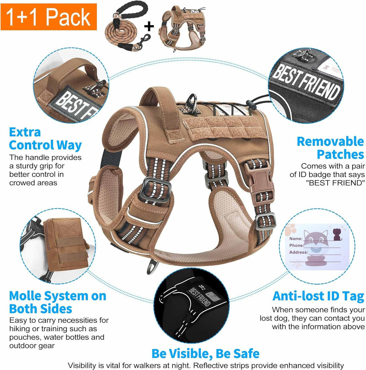 Heavy Duty Tactical Dog Harness for Large Dogs, No Pull Adjustable Pet Harness Reflective Service Training Easy Control Pet Vest Military K9 Working Dog Harnesses- Large, Brown