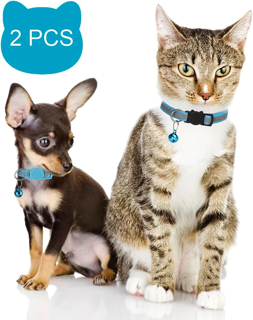 2 Pack Cat Collar with Bells, Reflective Collars for Cats with Breakaway Safety Buckle, Nylon, 7-12 Inch Adjustable, Blue