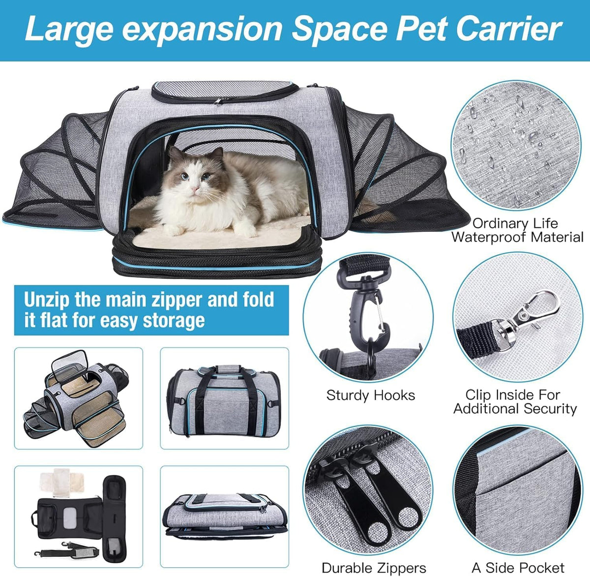 4 Way Expandable Pet Carrier, Airline Approved Collapsible Cat Soft-Sided Carriers W/Removable Fleece Pad for Cats, Puppy, Small Dogs (18"X 11"X 11")