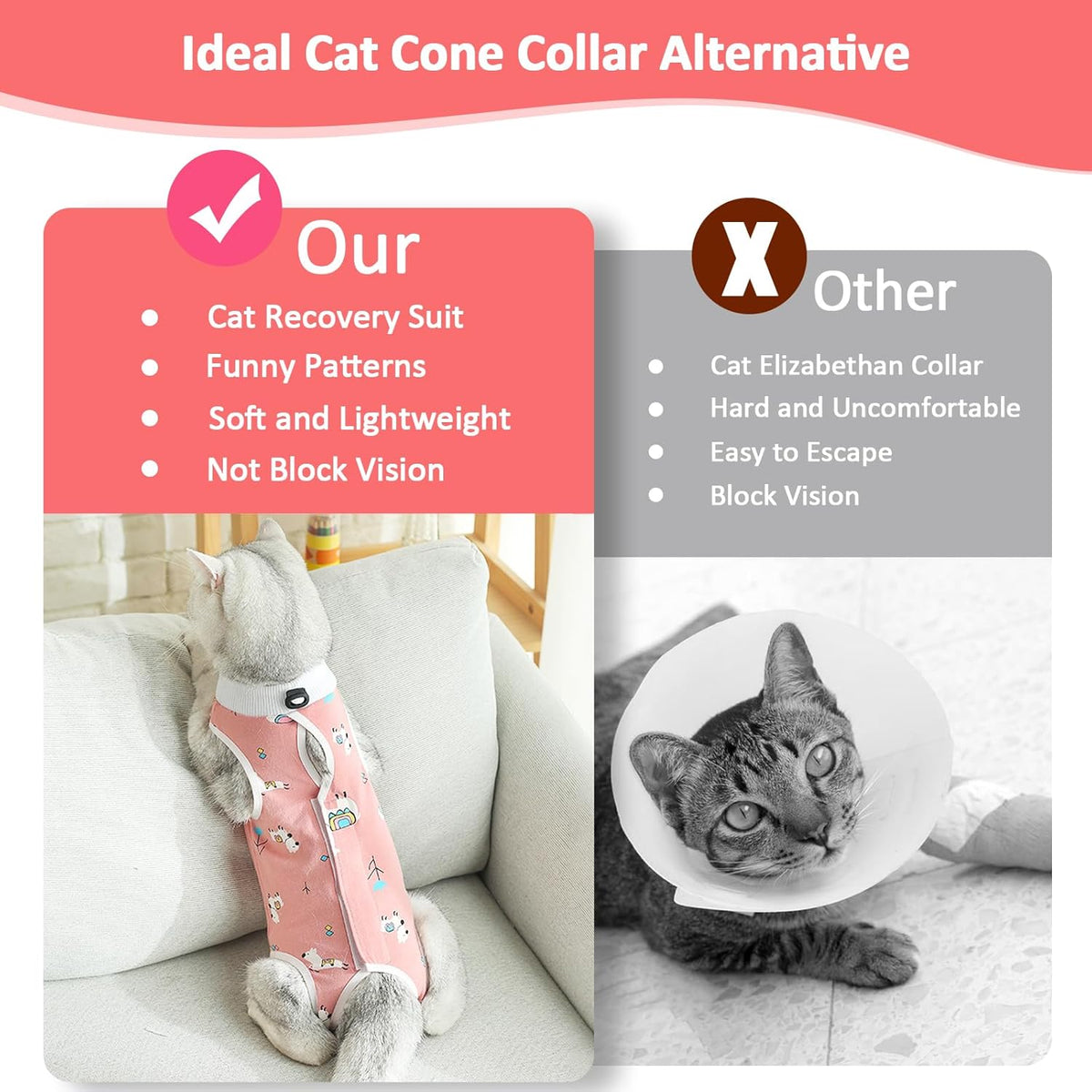 2 PCS Cat Recovery Suit for Spay Abdominal Wounds, Cat Onesie for Cats after Surgery, Cat Surgery Recovery Suit Female Breathable E-Collar Alternative Kitten Onesie for Cats anti Licking (Medium)